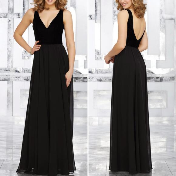Mori Lee Black Velvet Chiffon Gown Dress Plus Size 16 - Picture 1 of 15